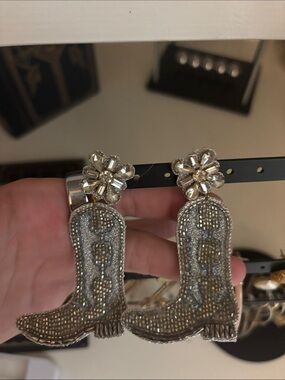 Embellished Crystal Cowboy Boot Drop Earrings - Silver